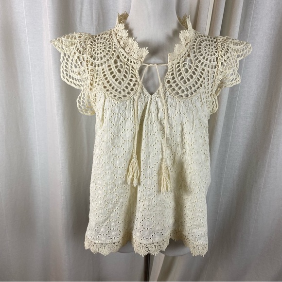 Anthropologie Women’s Large Charlize Blue Tassel Lace Eyelet Tassel Lined Ivory - Picture 2 of 7